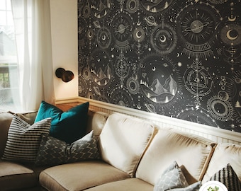 Engraving moons removable wallpaper, Self-adhesive constellations mural - 50