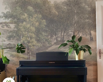Vintage tree scenery wallpaper, Peel and stick wallpaper, Pastoral landscape, Tree mural, Countryside wallpaper 67