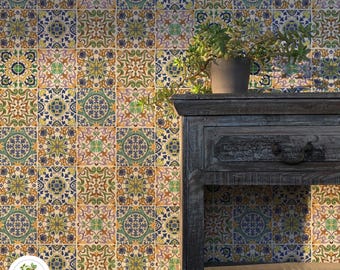 Vintage Tile Wallpaper, Muted Blue and Beige Portuguese Azulejo Pattern, Boho Eclectic Peel and Stick Wall Mural 180