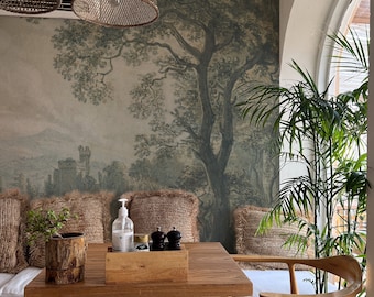 Moody gothic landscape mural, Tree vintage painting wallpaper 46