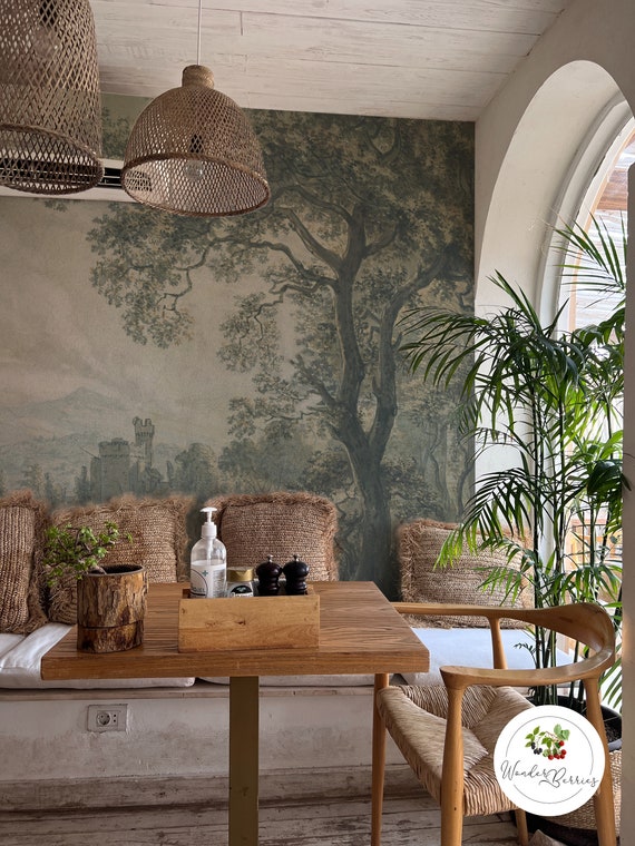 Moody Gothic Landscape Mural, Tree Vintage Painting Wallpaper 46 