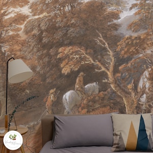 Pastoral landscape wallpaper, Removable wallpaper, French countryside mural, Tranquil river scene, Tree landscape 57