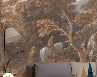 Pastoral landscape wallpaper, Removable wallpaper, French countryside mural, Tranquil river scene, Tree landscape 57