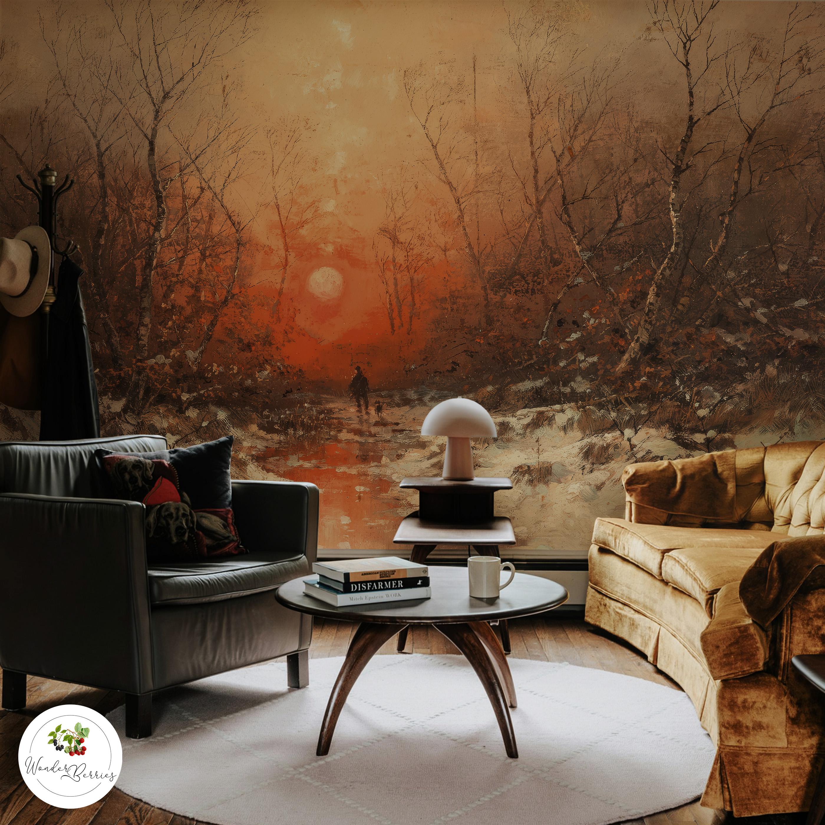 ウッドウォールアート(930×480・2) Rustic Sunset Forest Wall Mural – Vintage Hunter in Snowy Woods