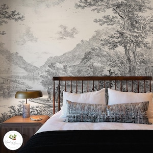 Black and white wallpaper, Historical countryside print, Vintage sketch painting, Traditional countryside mural, Removable 161