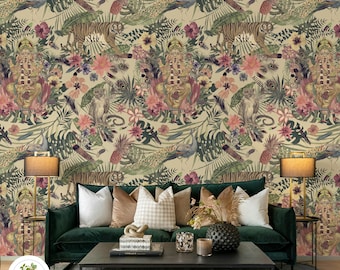 Bohemian Jungle Wallpaper with Ganesha, Tigers & Monkeys, Exotic Tropical Floral Hindu God Wall Mural 43