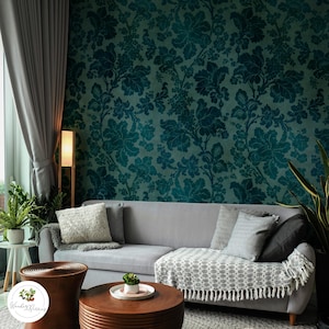 Dark Teal Victorian Floral Damask Wallpaper, Moody Botanical Wall Mural, Vintage Peel & Stick Accent Wall Decor, Removable 167