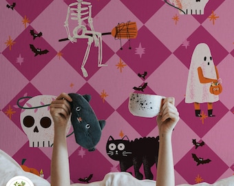 Cute Pink Halloween Wallpaper with Ghost, Cat, and Pumpkin, Peel and Stick Removable Mural for a Kids Party Accent Wall 224