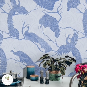 Blue peacock wallpaper, Sophisticated mural design, Material option wallpaper, Birds wall mural, Chic bedroom wallpaper 22