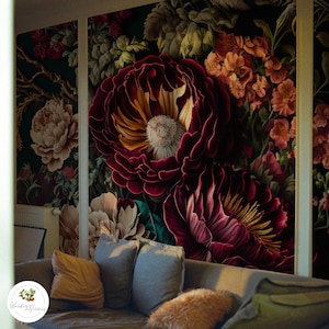Dark victorian bouquet flowers wall decor, Temporary baroque wallpaper 93