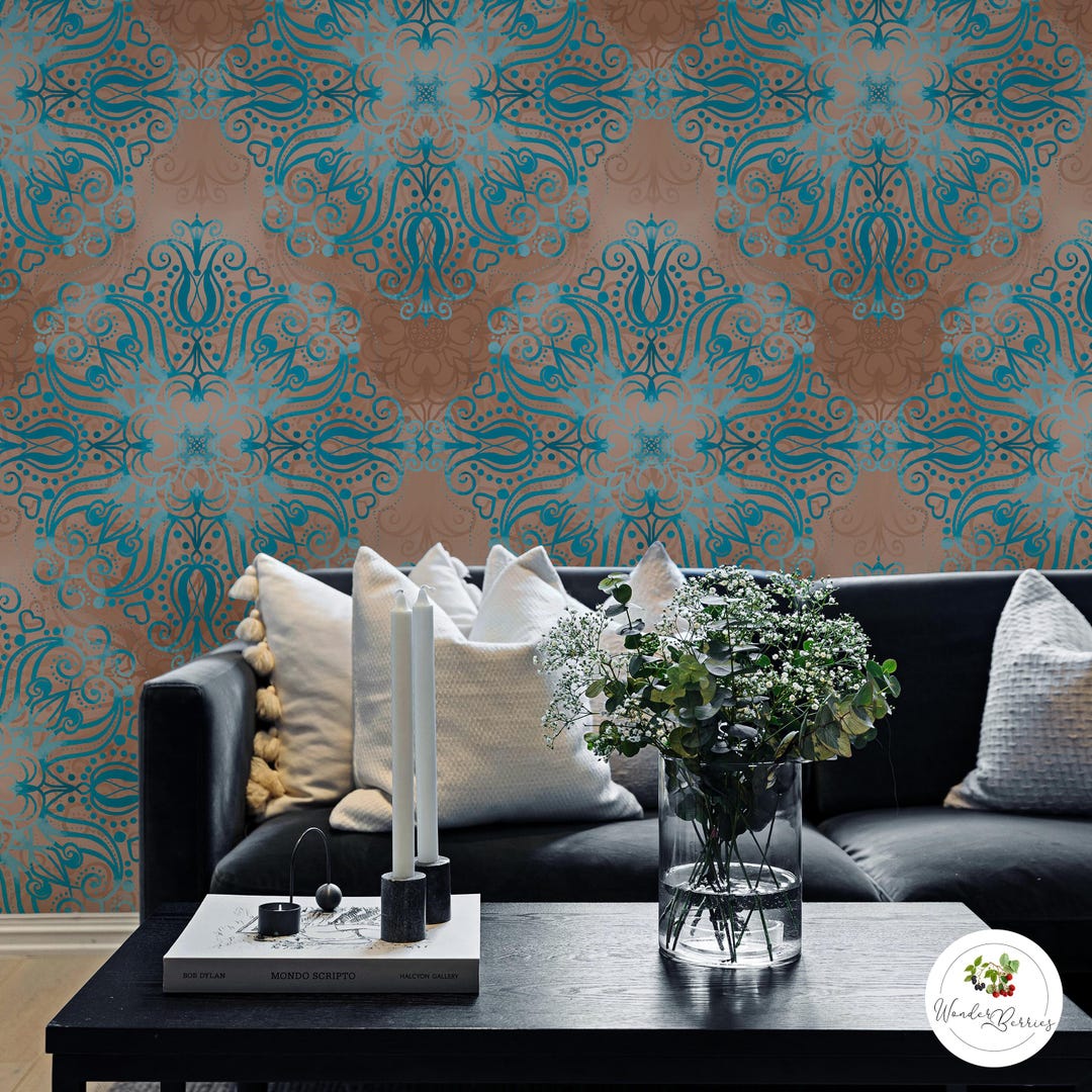 Vintage Blue & Gold Damask Wallpaper, Elegant Baroque Wall Mural ...