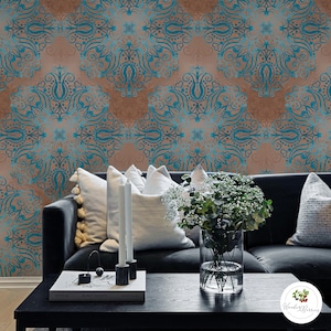 Vintage Blue & Gold Damask Wallpaper, Elegant Baroque Wall Mural, Classic Ornate Pattern, Luxury Victorian Home Decor, Peel and Stick 92