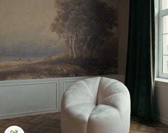 Pastoral scene mural, Vintage landscape, Canvas wallpaper, Mountain and river scene, Rustic countryside 28