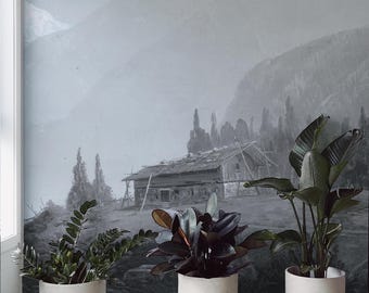 Mountain Cabin Wall Mural, Gray Landscape Wallpaper, Vintage Nature Wallpaper, Peel and Stick, Large Wall Mural 259