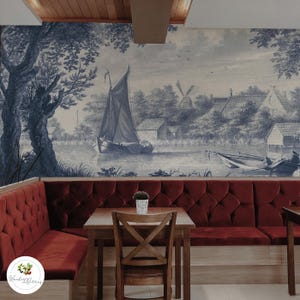 Vintage Dutch Landscape Wallpaper, Blue & White River Scene with Windmill and Sailboat, Classic Toile Wall Mural 53