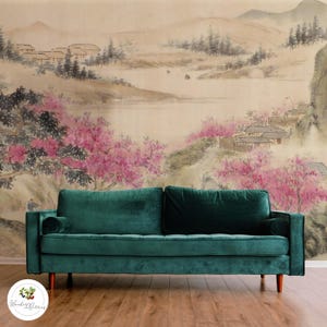 Japanese Cherry Blossom Wallpaper, Asian Watercolor Landscape Mural, Serene Mountain Scene, Zen Garden Décor for Tranquil Home Spaces 89