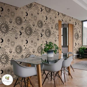 Astrology Sun Moon Stars Wallpaper, Mystical Bohemian Print, Esoteric Celestial Art, Witchy Black Beige Decor, Peel and Stick Pattern 127