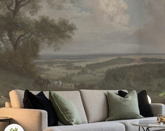 Moody village scenic wallpaper, Peel and stick panoramic old painting 25