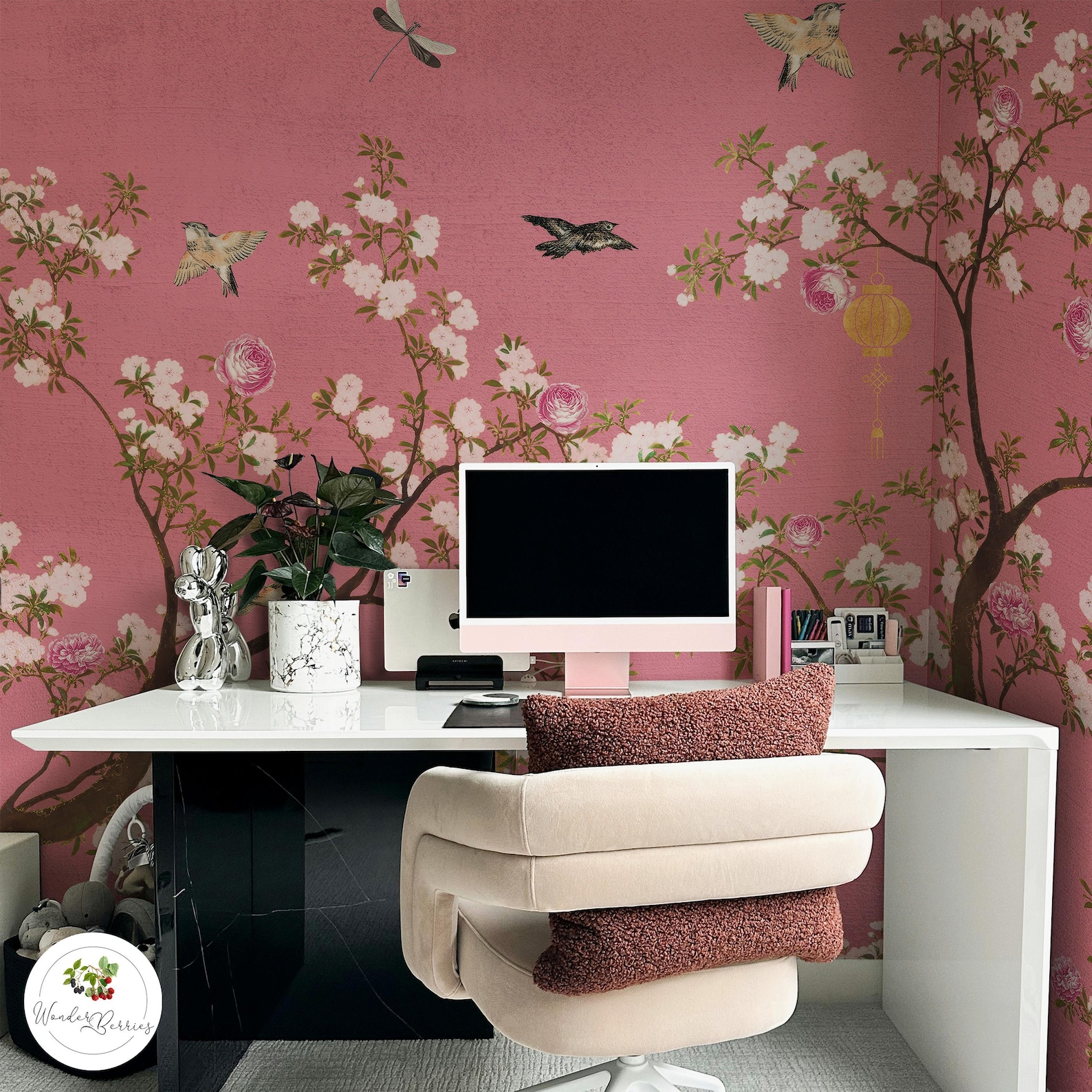 Pink Chinoiserie Wallpaper, Cherry Blossom & Bird Mural, Vintage Floral ...