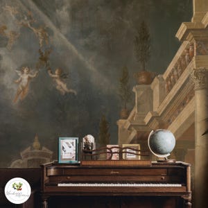 May include: A dark brown upright piano with a keyboard, topped with a globe, picture frames, and decorative items. The background features a mural with cherubs and architectural details. The scene is set in a room with a vintage aesthetic.