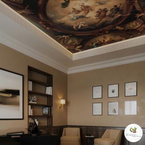 May include: A room with a painted ceiling depicting a classical artwork of figures in the clouds. The room has beige walls, a dark wood bookshelf, framed art, and two beige armchairs. The ceiling art is the focal point of the room.
