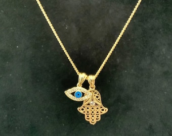 18k 18ct Gold Filled 20" Flat Link Chain, Necklace With Lucky Hamsa Hand And Evil Eye Pendants Ref:-1