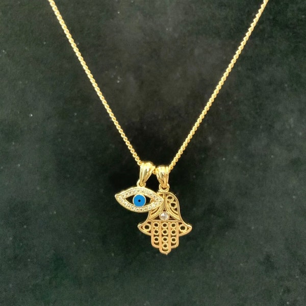 18k 18ct Gold Filled 20" Flat Link Chain, Necklace With Lucky Hamsa Hand And Evil Eye Pendants Ref:-1