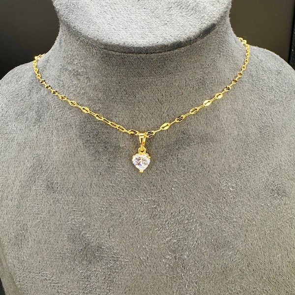 18K 40cm 16" Short Choker With Cubic Zirconia Crystal Heart Diamond Necklace Ref:-83