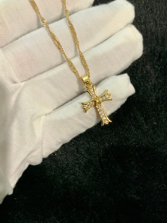 18K Gold Filled 18&quot; Wave Chain With Stunning Cubic Zirconia Cross Crucifix Ref:-13