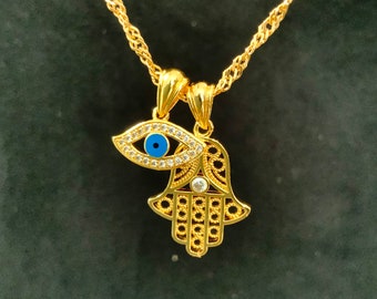 18K Gold Filled 18" Wave Chain With Lucky Hand & Evil Eye Ref:-2