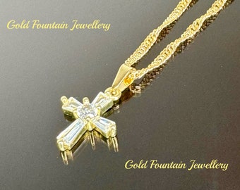 22k 22ct Gold Filled 18" Wave Chain With Stunning Small Cubic Zirconia Cross Crucifix Ref:-75