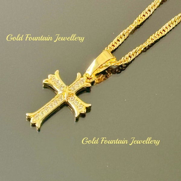 18K Gold Filled 18" Wave Chain With Stunning Cubic Zirconia Cross Crucifix Ref:-13