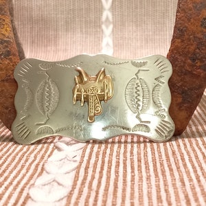 Saddle Belt Buckle, Nickle Silver, Chambers Belt Co., 2.75 inches x 1.5 inches