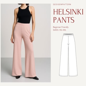 Patrón de costura para pantalones de cintura elástica de pierna ancha, proyectos de costura fáciles, cosas para coser, atuendos de invierno