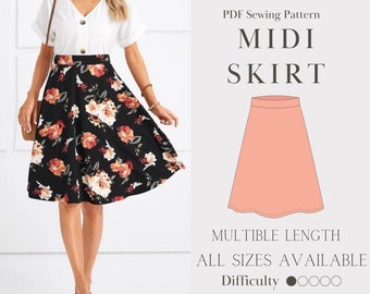 BEST Flared Skirt PDF Pattern Printable Sewing Small Medium Large Extra s l m xl Sızes Multible length Midi Standart Short Easy DIY