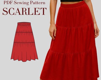 Tiered Maxi Skirt Sewing Pattern PDF 3 Layer Gathered Skirt, Elastic Waist Boho Skirt Pattern, DIY Flowy Skirt, Digital Instant Download