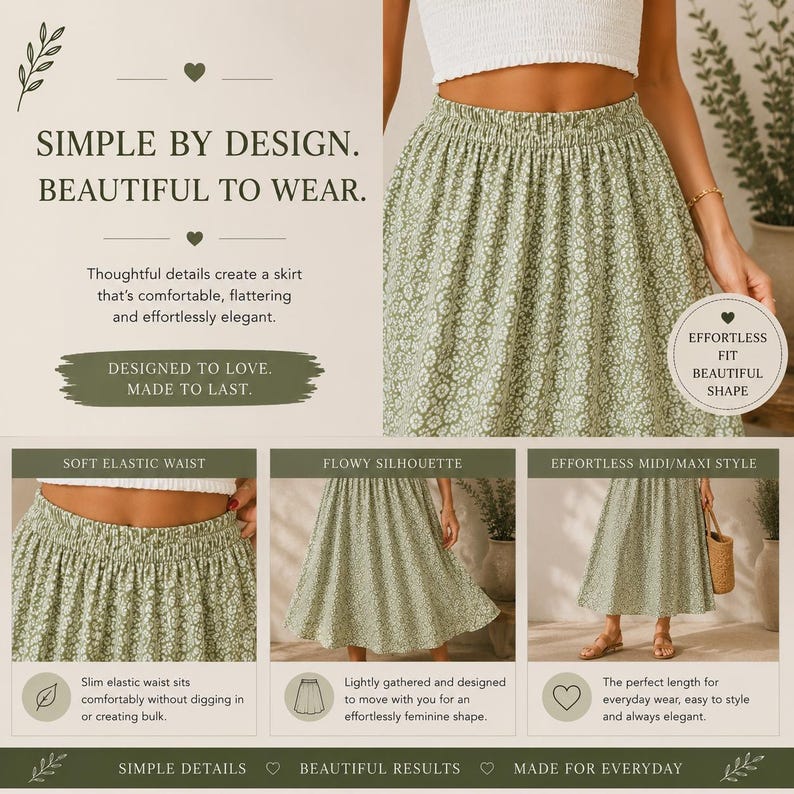 May include: A sage green midi skirt featuring a white floral pattern, an elasticized waistband, and a flowy silhouette. The skirt is displayed in multiple views, highlighting the gathered fabric, the soft waist, and the overall length.