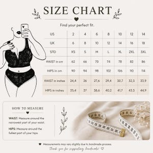 May include: A size chart graphic featuring a line drawing of a person in a two-piece set, a table with US, UK, and standard sizes, and waist and hip measurements in inches and centimeters. Includes a measuring tape and instructions on how to measure.