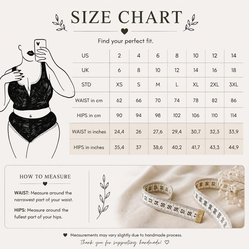 May include: A size chart graphic featuring a line drawing of a person in a two-piece set, a table with US, UK, and standard sizes, and waist and hip measurements in inches and centimeters. Includes a measuring tape and instructions on how to measure.