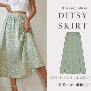 Ditsy Skirt Sewing Digital Pdf Pattern | Elastic Waist Skirt | Long Flared Skirt US 0-12 | UK 4-16 | EU32-44 | 2xs-2xl