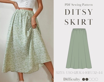 Ditsy Skirt Sewing Digital Pdf Pattern | Elastic Waist Skirt | Long Flared Skirt US 0-12 | UK 4-16 | EU32-44 | 2xs-2xl