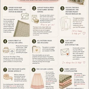 May include: An infographic titled SEWING TIPS featuring nine numbered sections with illustrations and text. It includes advice on fabric preparation, pattern assembly, printing at 100% scale, elastic testing, and fabric requirements with 2 inch and 5 cm measurements.