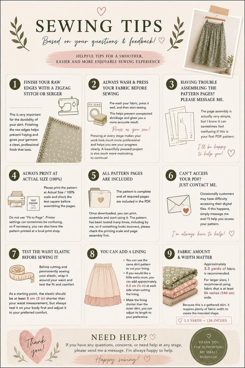 May include: An infographic titled SEWING TIPS featuring nine numbered sections with illustrations and text. It includes advice on fabric preparation, pattern assembly, printing at 100% scale, elastic testing, and fabric requirements with 2 inch and 5 cm measurements.