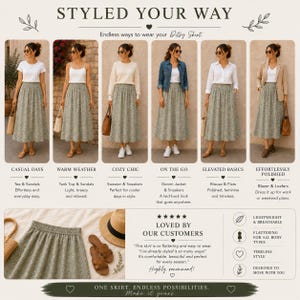 May include: A collage showing a sage green floral midi skirt styled in six different ways with various tops, jackets, and footwear. The image includes text labels like STYLED YOUR WAY, outfit descriptions, customer reviews, and icons for product features.