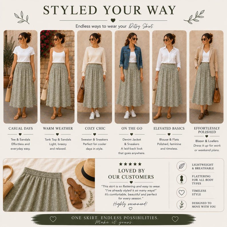May include: A collage showing a sage green floral midi skirt styled in six different ways with various tops, jackets, and footwear. The image includes text labels like STYLED YOUR WAY, outfit descriptions, customer reviews, and icons for product features.
