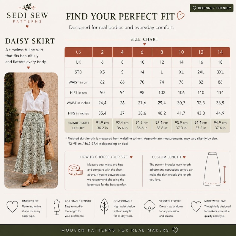 Puede incluir: Una gu&iacute;a de patr&oacute;n de costura para una falda Daisy de Sedi Sew Patterns. El documento incluye una tabla de tallas con medidas de cintura y cadera en cm y pulgadas, y longitudes de falda terminada que van de 91,9 cm a 94,9 cm.
