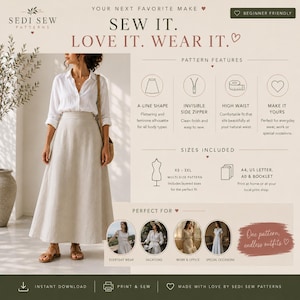 Puede incluir: Un patr&oacute;n de costura para una falda en l&iacute;nea A de Sedi Sew Patterns. El gr&aacute;fico muestra una camisa blanca y una falda beige, detallando caracter&iacute;sticas como cremallera lateral invisible y cintura alta. Incluye tallas XS-3XL y formatos A4, US Letter y A0.
