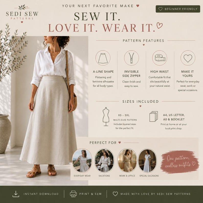 Puede incluir: Un patr&oacute;n de costura para una falda en l&iacute;nea A de Sedi Sew Patterns. El gr&aacute;fico muestra una camisa blanca y una falda beige, detallando caracter&iacute;sticas como cremallera lateral invisible y cintura alta. Incluye tallas XS-3XL y formatos A4, US Letter y A0.