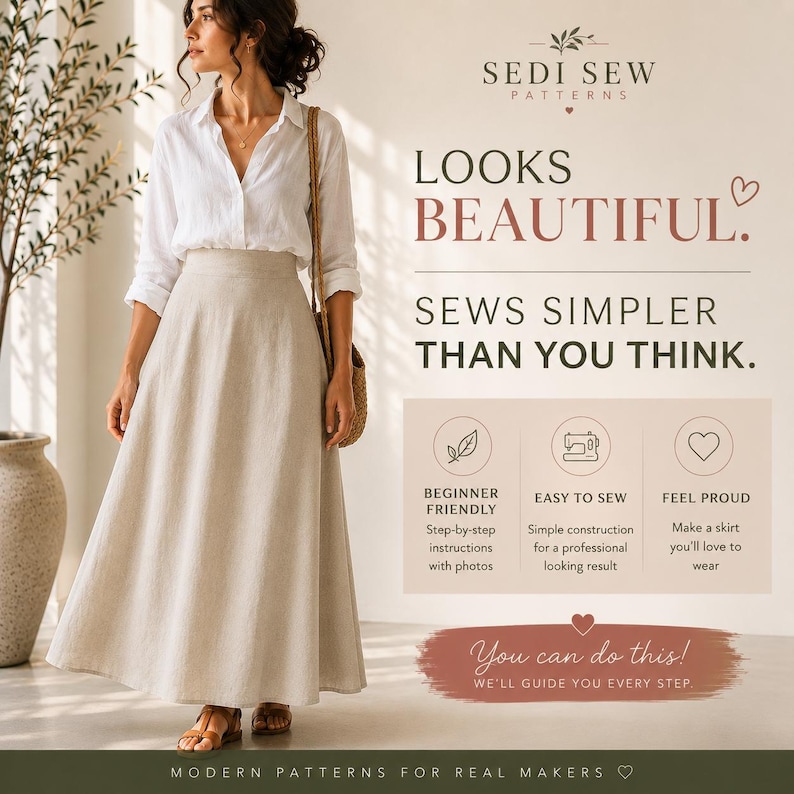 Puede incluir: Una falda larga de color beige de cintura alta combinada con una camisa blanca de botones. La imagen incluye el texto: SEDI SEW PATTERNS, LOOKS BEAUTIFUL. SEWS SIMPLER THAN YOU THINK. BEGINNER FRIENDLY, EASY TO SEW, FEEL PROUD, You can do this! WE'LL GUIDE YOU EVERY STEP.