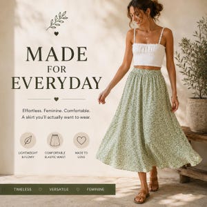 May include: A white smocked crop top with thin straps paired with a light green midi skirt featuring a small white floral pattern. The text on the image reads: MADE FOR EVERYDAY, Effortless, Feminine, Comfortable, A skirt you'll actually want to wear.